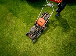 Gardener Mowing The Lawn. Landscape Design.